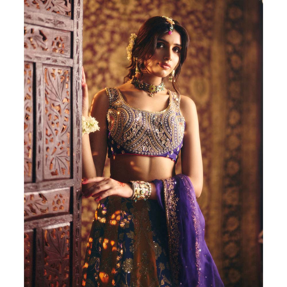 Aayushi Maniar Blue Menaka Lehenga with Blouse and Dupatta (Set of 3)