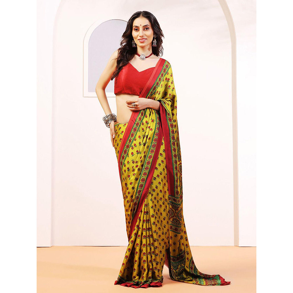 Aditri Handprinted Ajrakh On Modal Silk Yellow Saree With Running Blouse