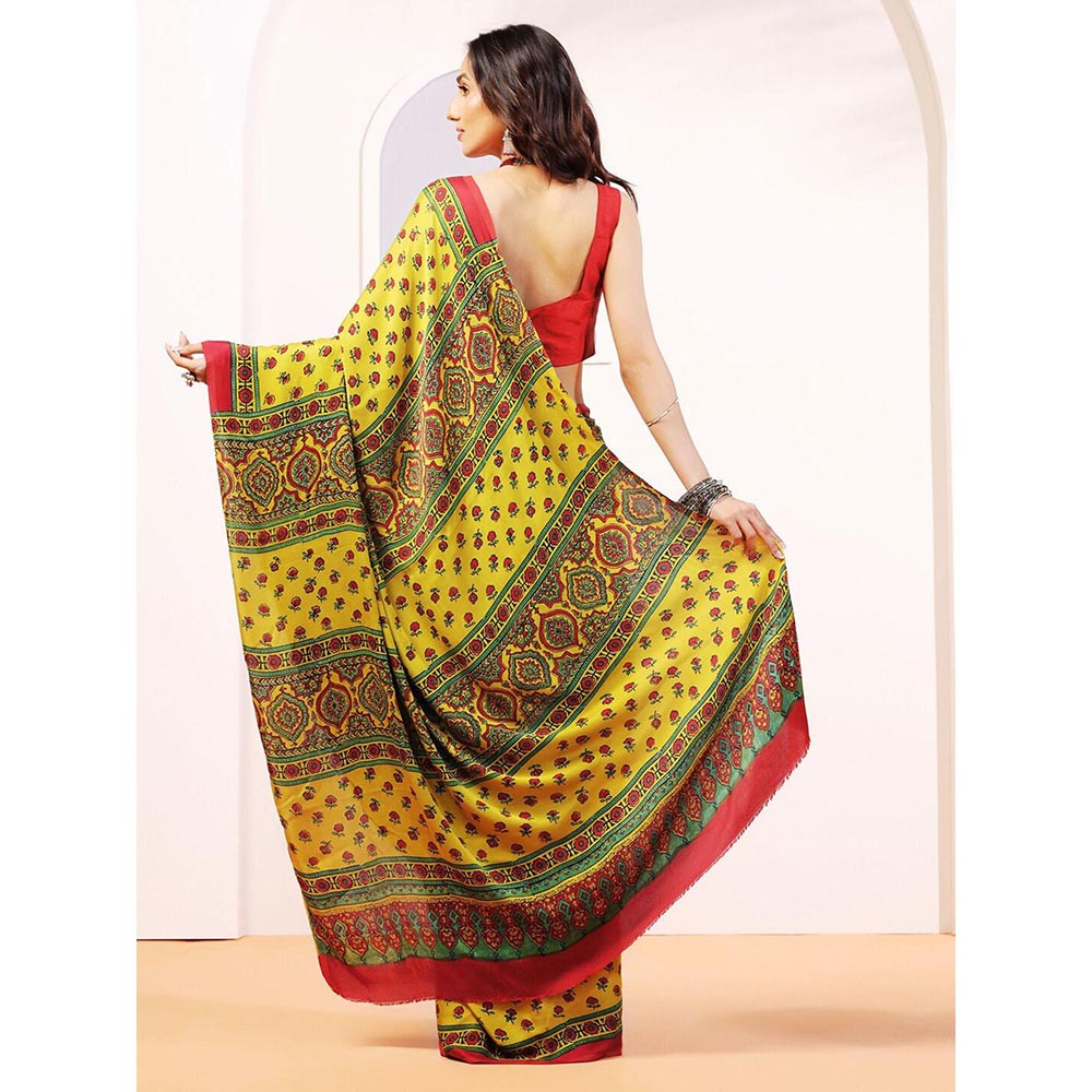 Aditri Handprinted Ajrakh On Modal Silk Yellow Saree With Running Blouse