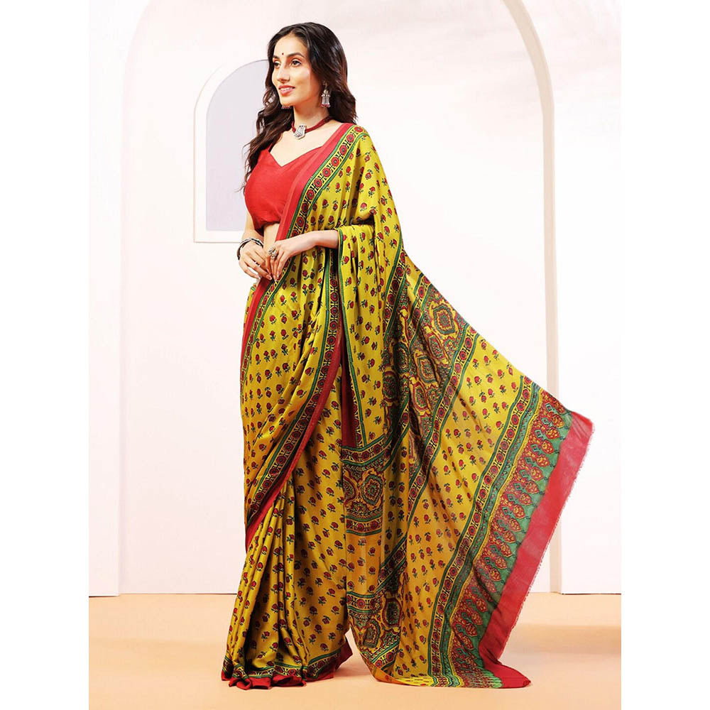 Aditri Handprinted Ajrakh On Modal Silk Yellow Saree With Running Blouse