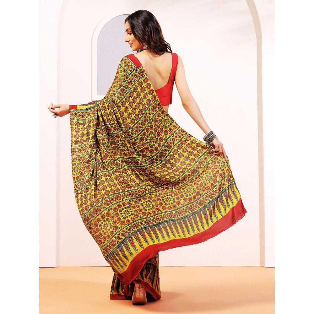 Aditri Handprinted Ajrakh On Modal Silk Yellow Saree With Running Blouse