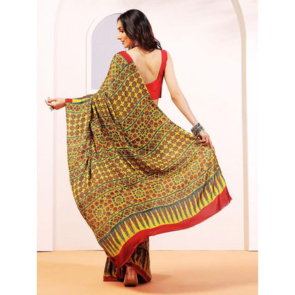 Aditri Handprinted Ajrakh On Modal Silk Yellow Saree With Running Blouse