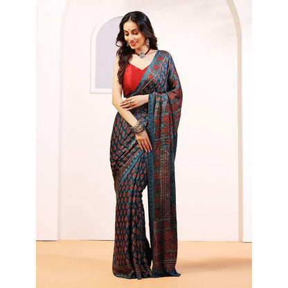 Aditri Handprinted Ajrakh On Modal Silk Blue Saree With Running Blouse