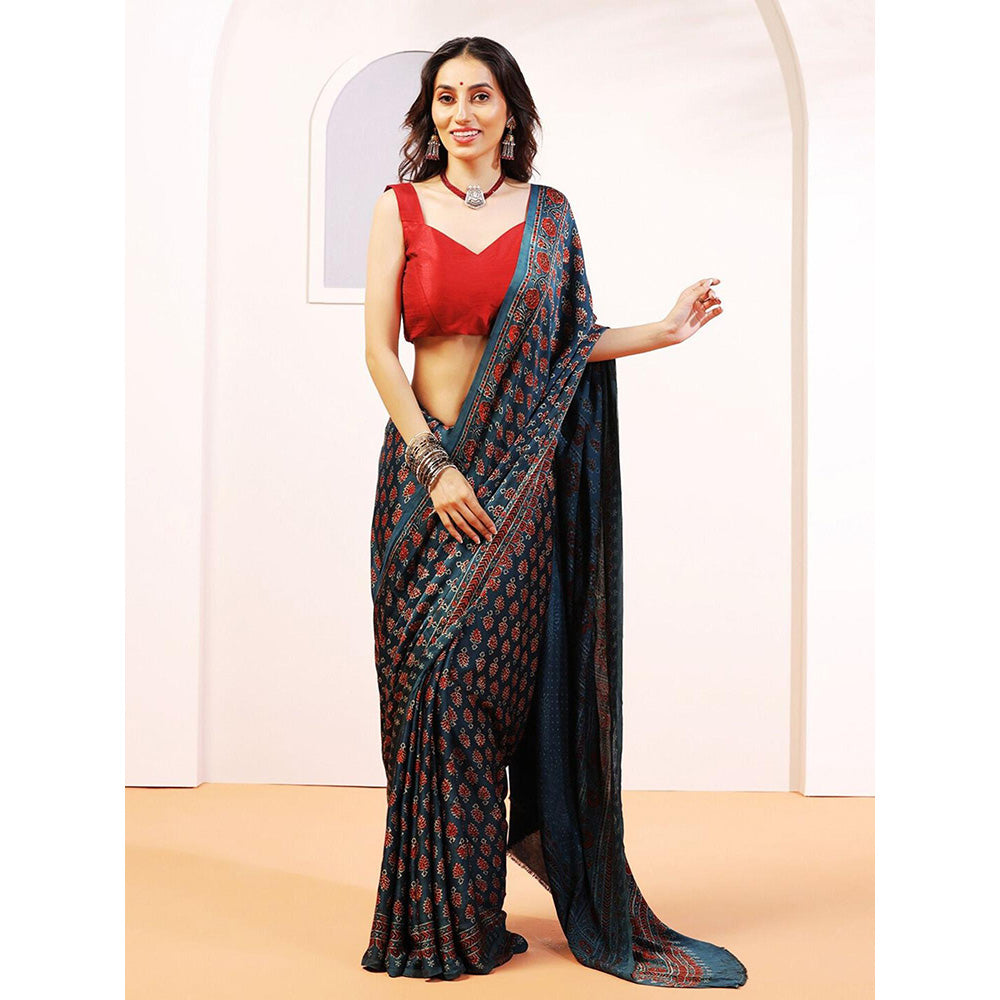 Aditri Handprinted Ajrakh On Modal Silk Blue Saree With Running Blouse