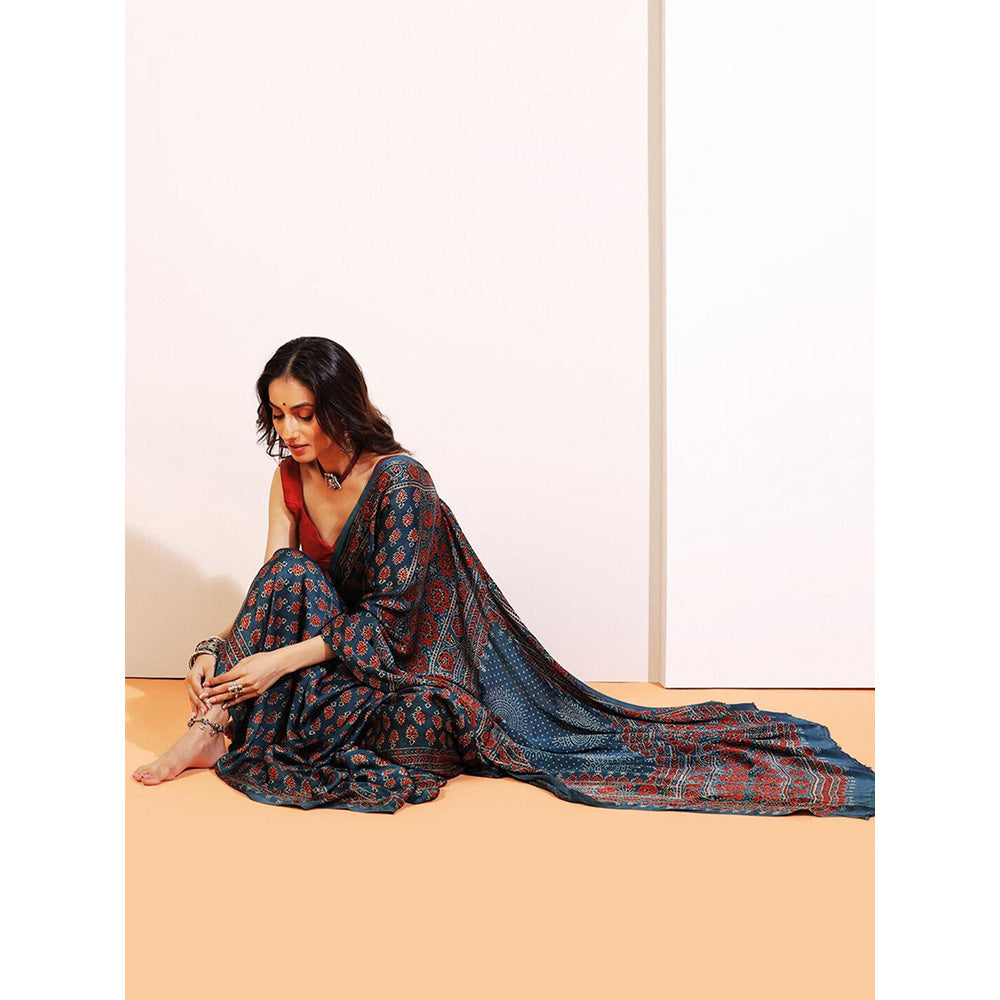 Aditri Handprinted Ajrakh On Modal Silk Blue Saree With Running Blouse