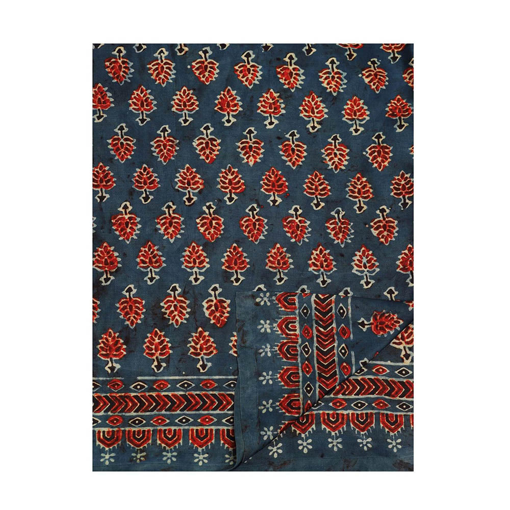 Aditri Handprinted Ajrakh On Modal Silk Blue Saree With Running Blouse