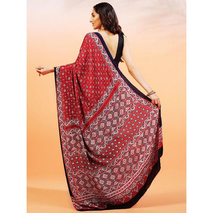 Aditri Handprinted Ajrakh On Modal Silk Red Saree With Running Blouse