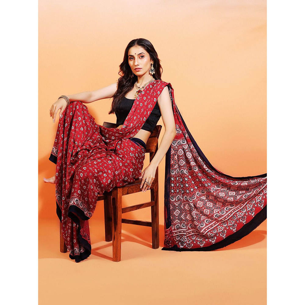 Aditri Handprinted Ajrakh On Modal Silk Red Saree With Running Blouse
