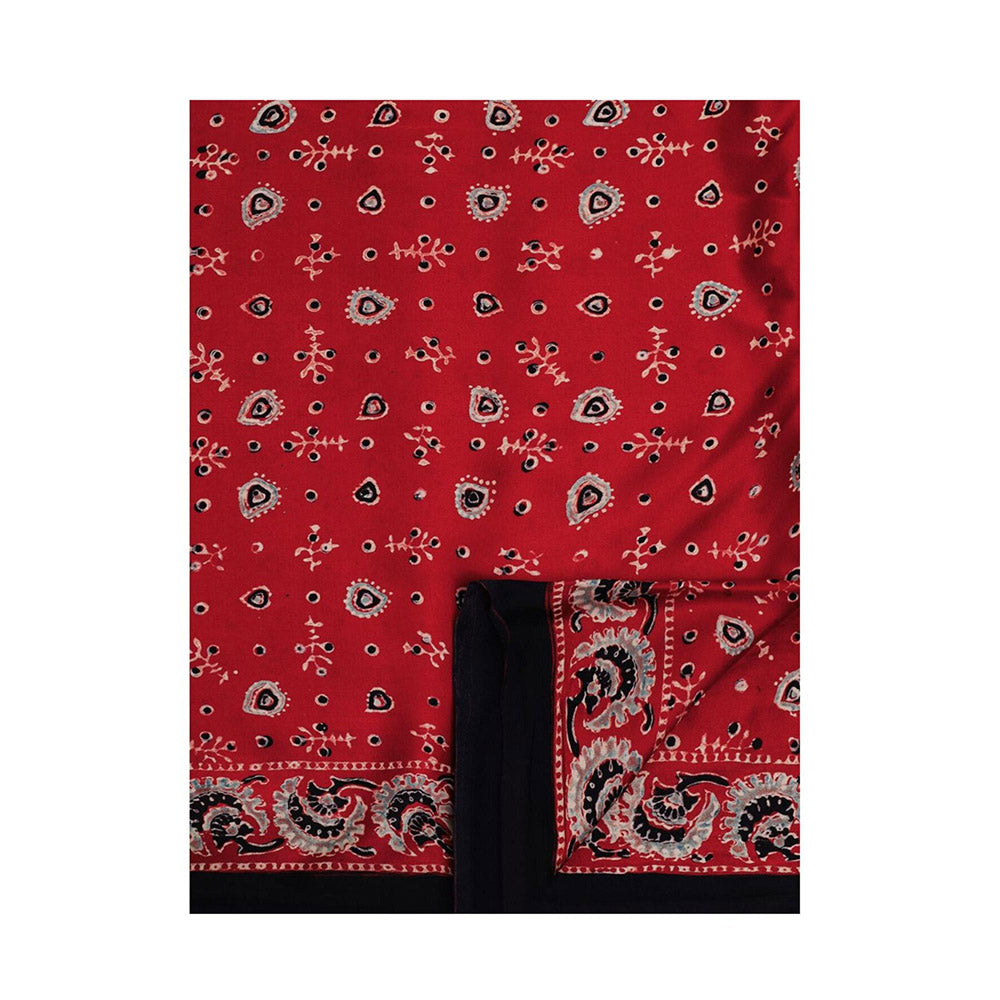 Aditri Handprinted Ajrakh On Modal Silk Red Saree With Running Blouse