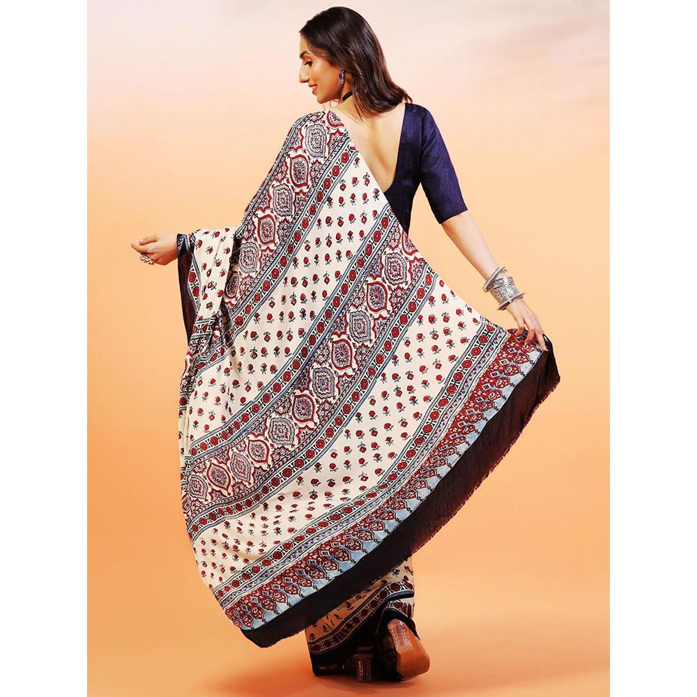 Aditri Handprinted Ajrakh On Modal Silk Cream Saree With Running Blouse