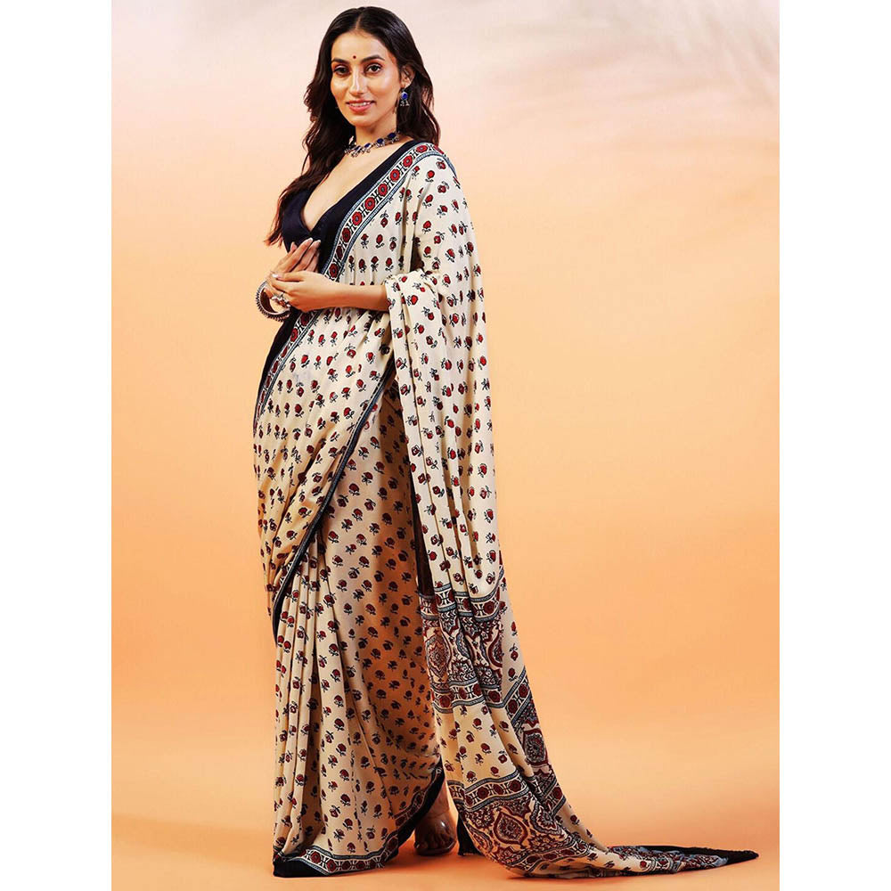 Aditri Handprinted Ajrakh On Modal Silk Cream Saree With Running Blouse