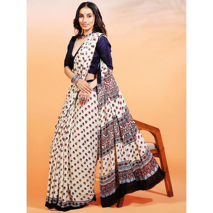 Aditri Handprinted Ajrakh On Modal Silk Cream Saree With Running Blouse