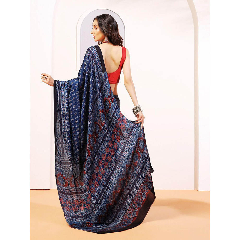 Aditri Handprinted Ajrakh On Modal Silk Navy Blue Saree With Running Blouse