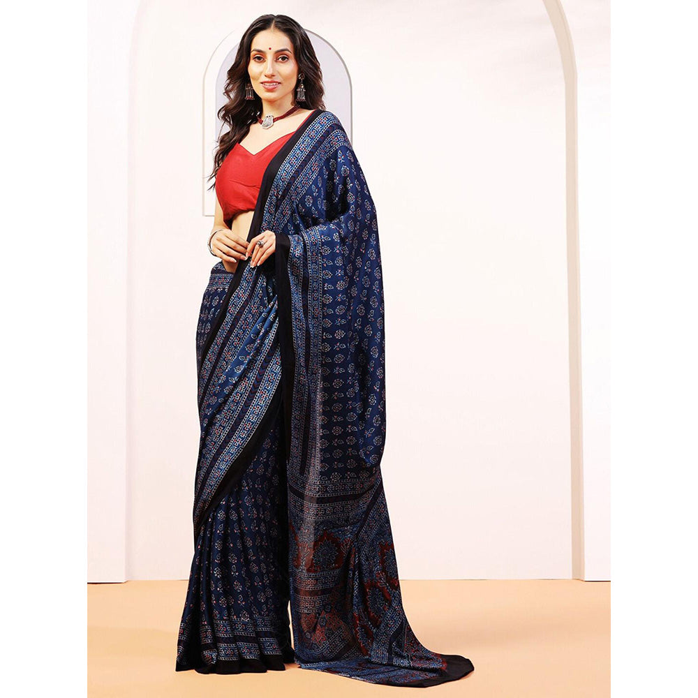 Aditri Handprinted Ajrakh On Modal Silk Navy Blue Saree With Running Blouse