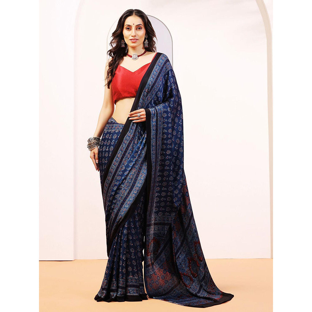 Aditri Handprinted Ajrakh On Modal Silk Navy Blue Saree With Running Blouse