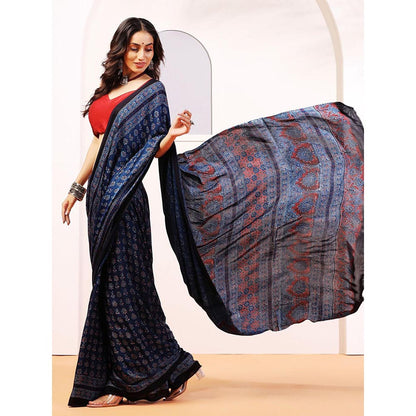 Aditri Handprinted Ajrakh On Modal Silk Navy Blue Saree With Running Blouse