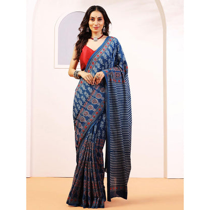 Aditri Handprinted Ajrakh On Cotton Blue Saree With Running Blouse