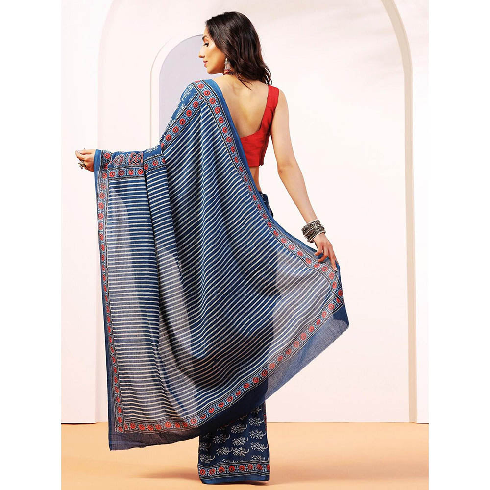 Aditri Handprinted Ajrakh On Cotton Blue Saree With Running Blouse