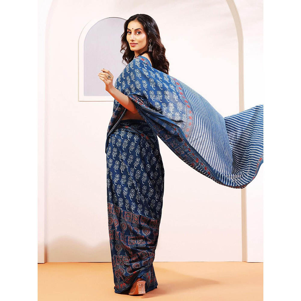 Aditri Handprinted Ajrakh On Cotton Blue Saree With Running Blouse