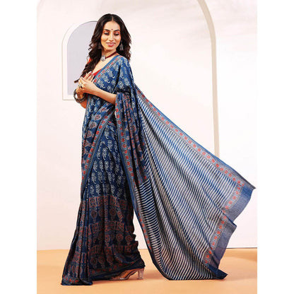 Aditri Handprinted Ajrakh On Cotton Blue Saree With Running Blouse