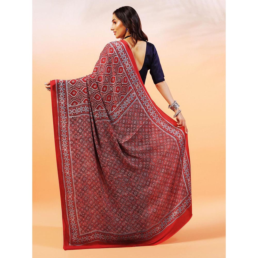 Aditri Handprinted Ajrakh On Modal Silk Red Saree With Running Blouse
