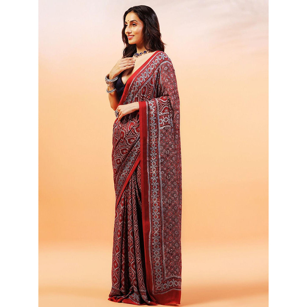 Aditri Handprinted Ajrakh On Modal Silk Red Saree With Running Blouse