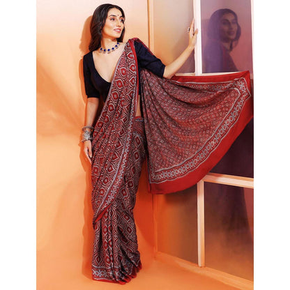 Aditri Handprinted Ajrakh On Modal Silk Red Saree With Running Blouse