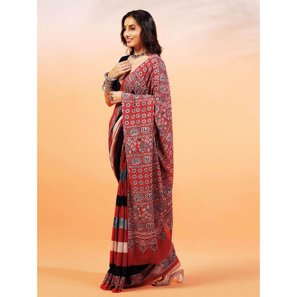 Aditri Handprinted Ajrakh On Cotton Multi-Color Saree With Running Blouse