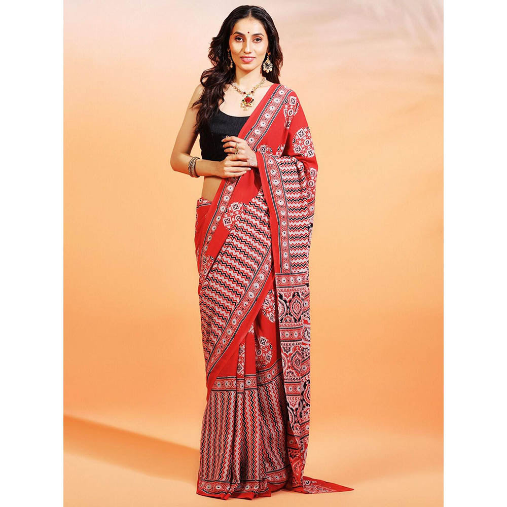 Aditri Handprinted Ajrakh On Cotton Red Saree With Running Blouse