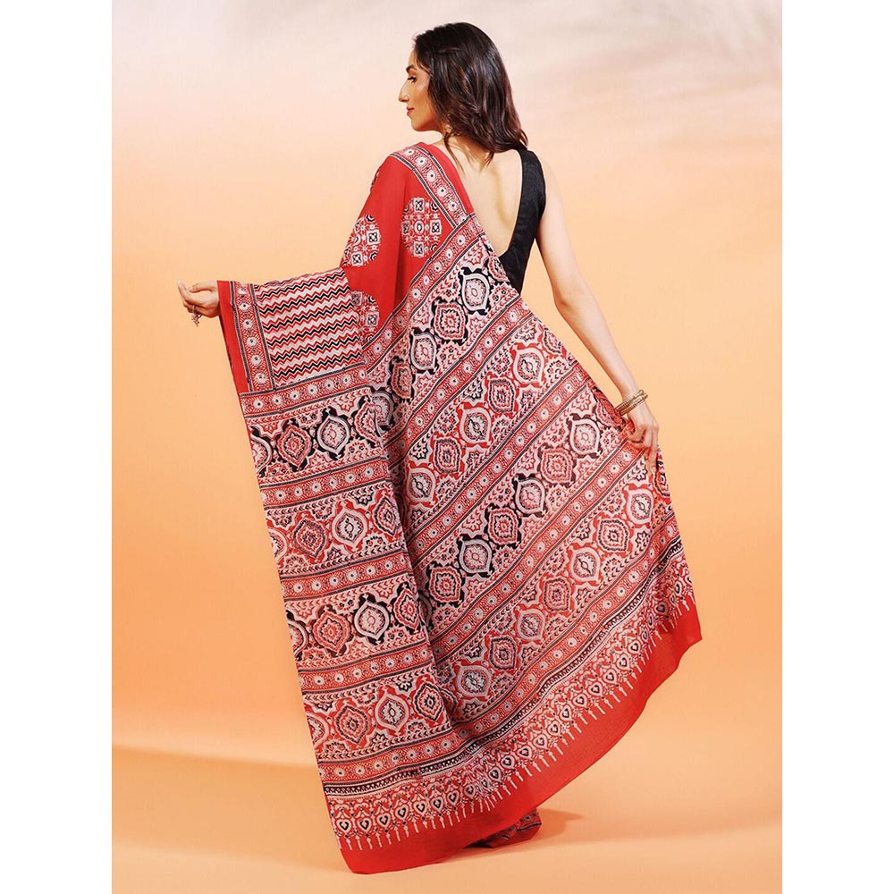 Aditri Handprinted Ajrakh On Cotton Red Saree With Running Blouse