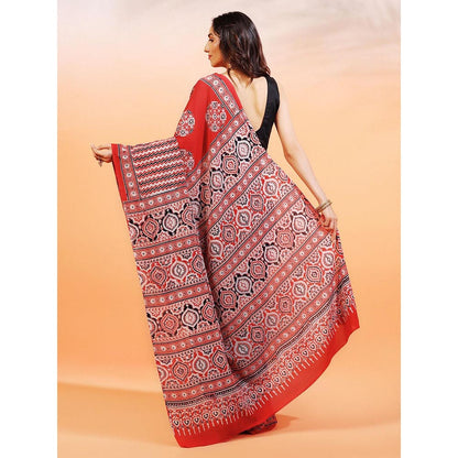 Aditri Handprinted Ajrakh On Cotton Red Saree With Running Blouse
