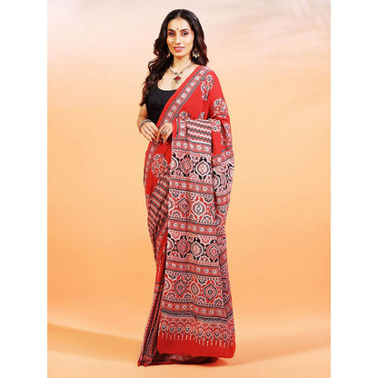 Aditri Handprinted Ajrakh On Cotton Red Saree With Running Blouse