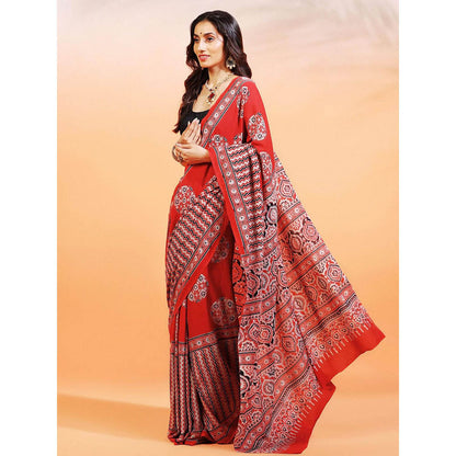 Aditri Handprinted Ajrakh On Cotton Red Saree With Running Blouse