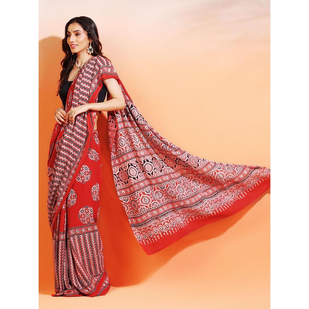 Aditri Handprinted Ajrakh On Cotton Red Saree With Running Blouse