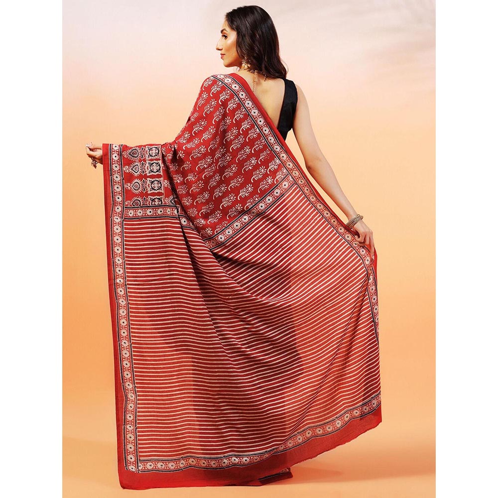 Aditri Handprinted Ajrakh On Cotton Red Saree With Running Blouse