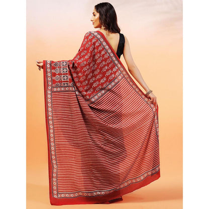 Aditri Handprinted Ajrakh On Cotton Red Saree With Running Blouse