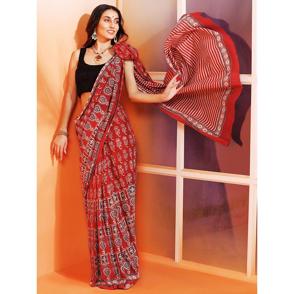 Aditri Handprinted Ajrakh On Cotton Red Saree With Running Blouse