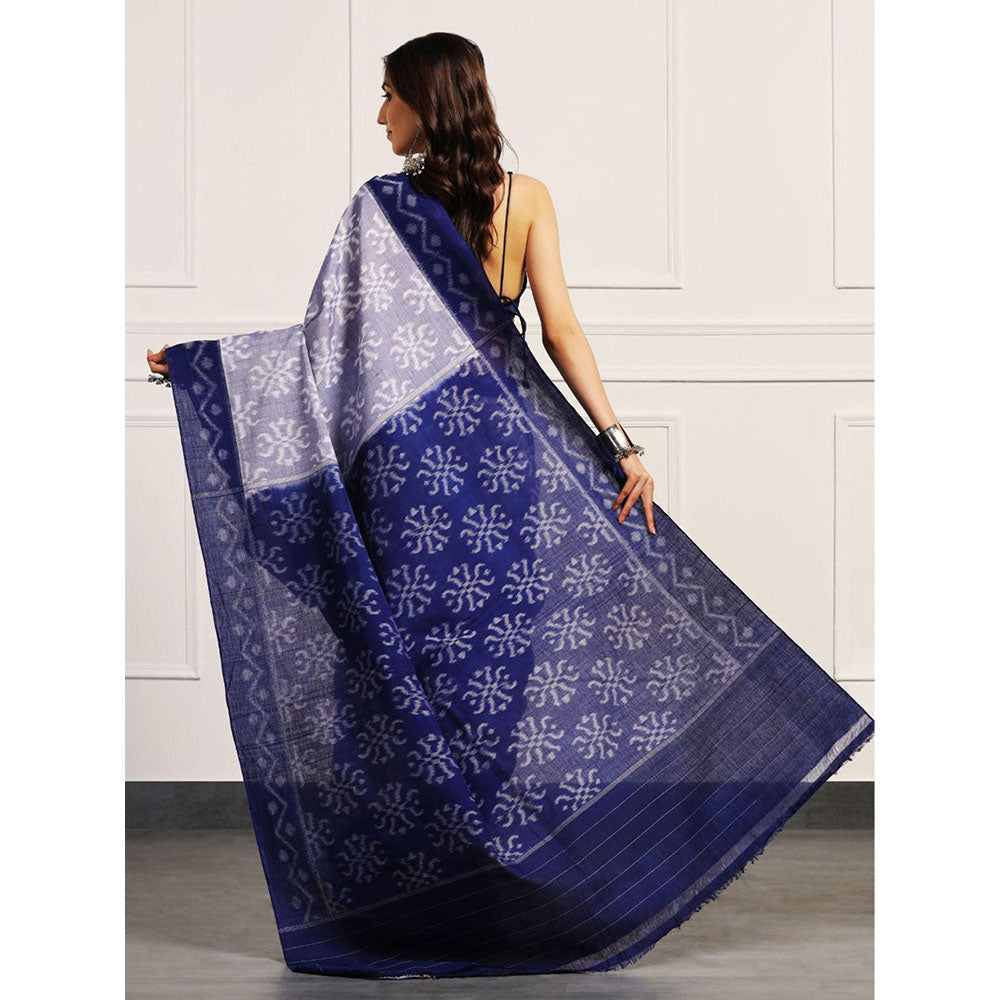 Aditri Handloom Ikat From Orissa Blue Saree With Blouse Piece