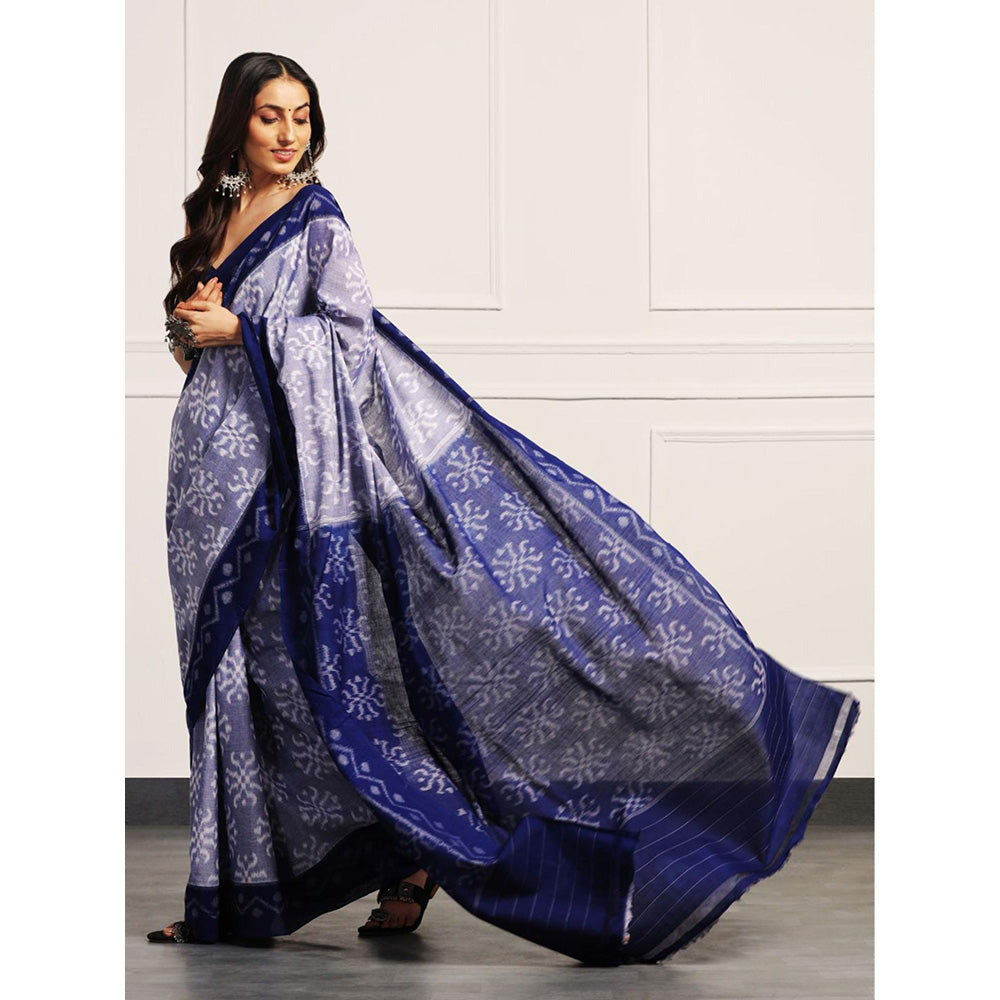 Aditri Handloom Ikat From Orissa Blue Saree With Blouse Piece