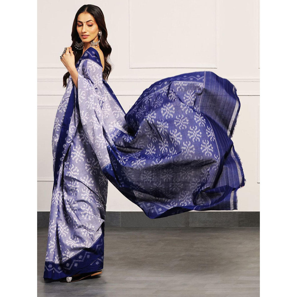 Aditri Handloom Ikat From Orissa Blue Saree With Blouse Piece