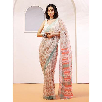 Aditri Handloom Kota Doria Hand Block Print Multi-Color Saree With Blouse Piece