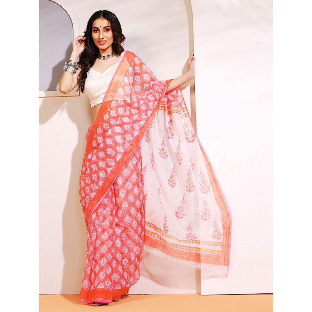 Aditri Handloom Kota Doria Hand Block Print Orange Saree With Blouse Piece