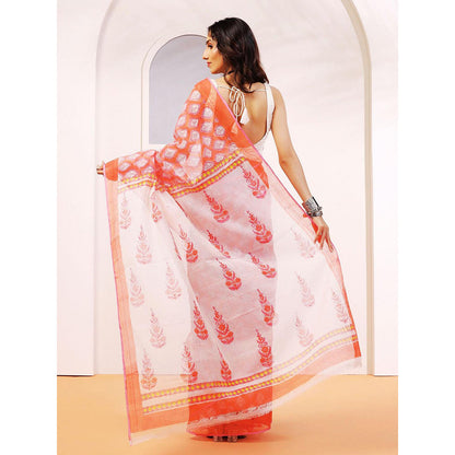 Aditri Handloom Kota Doria Hand Block Print Orange Saree With Blouse Piece