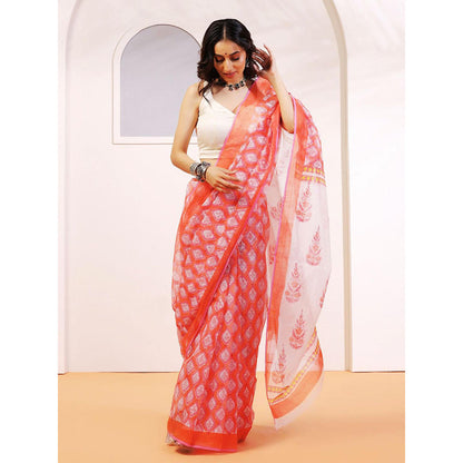 Aditri Handloom Kota Doria Hand Block Print Orange Saree With Blouse Piece