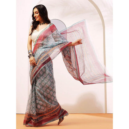 Aditri Handloom Kota Doria Hand Block Print Multi-Color Saree With Blouse Piece