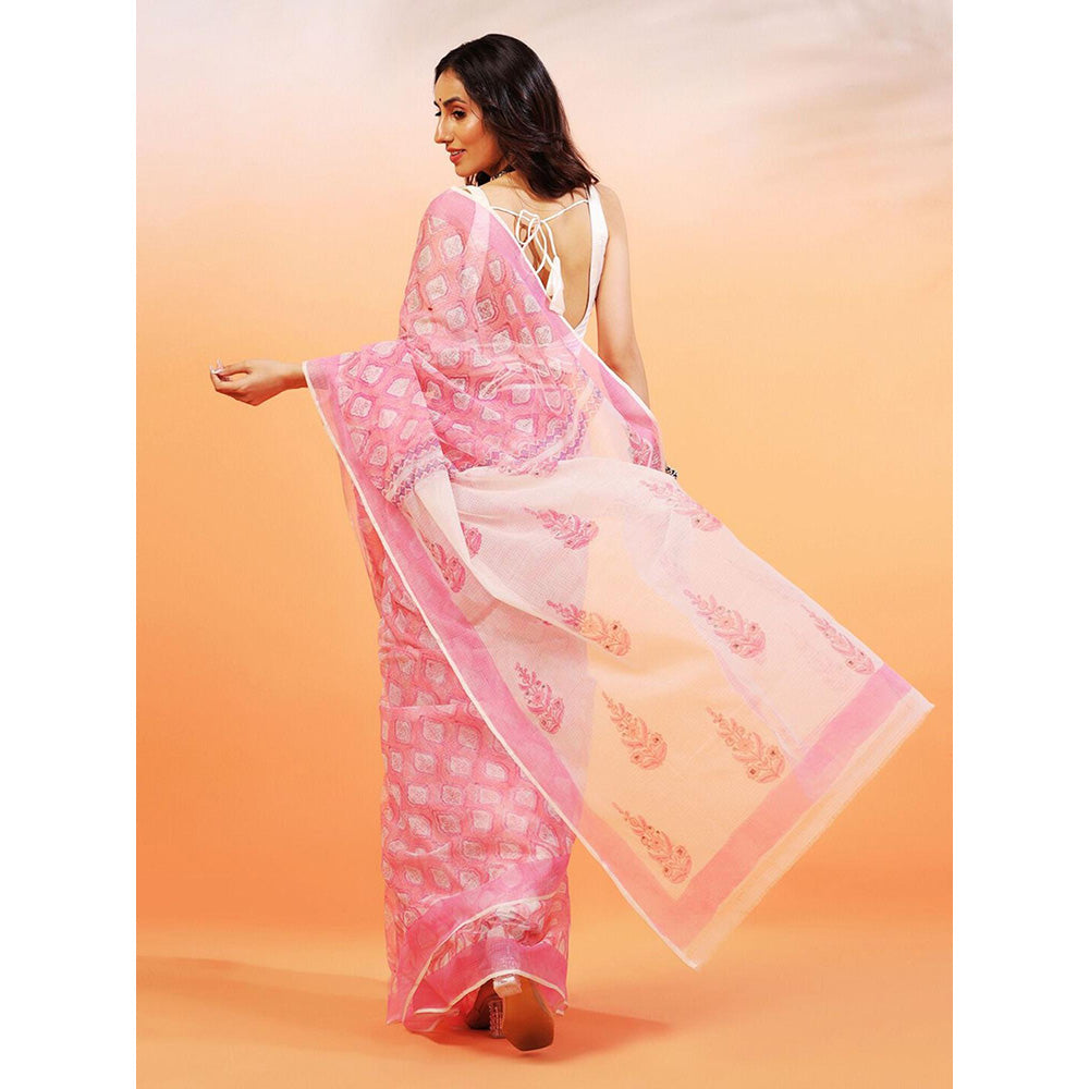 Aditri Handloom Kota Doria Hand Block Print Pink Saree With Blouse Piece
