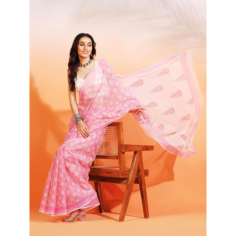Aditri Handloom Kota Doria Hand Block Print Pink Saree With Blouse Piece