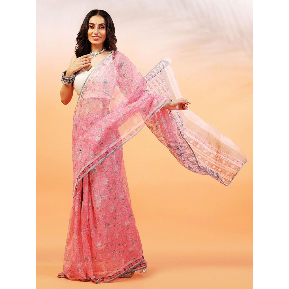 Aditri Handloom Kota Doria Hand Block Print Pink Saree With Blouse Piece