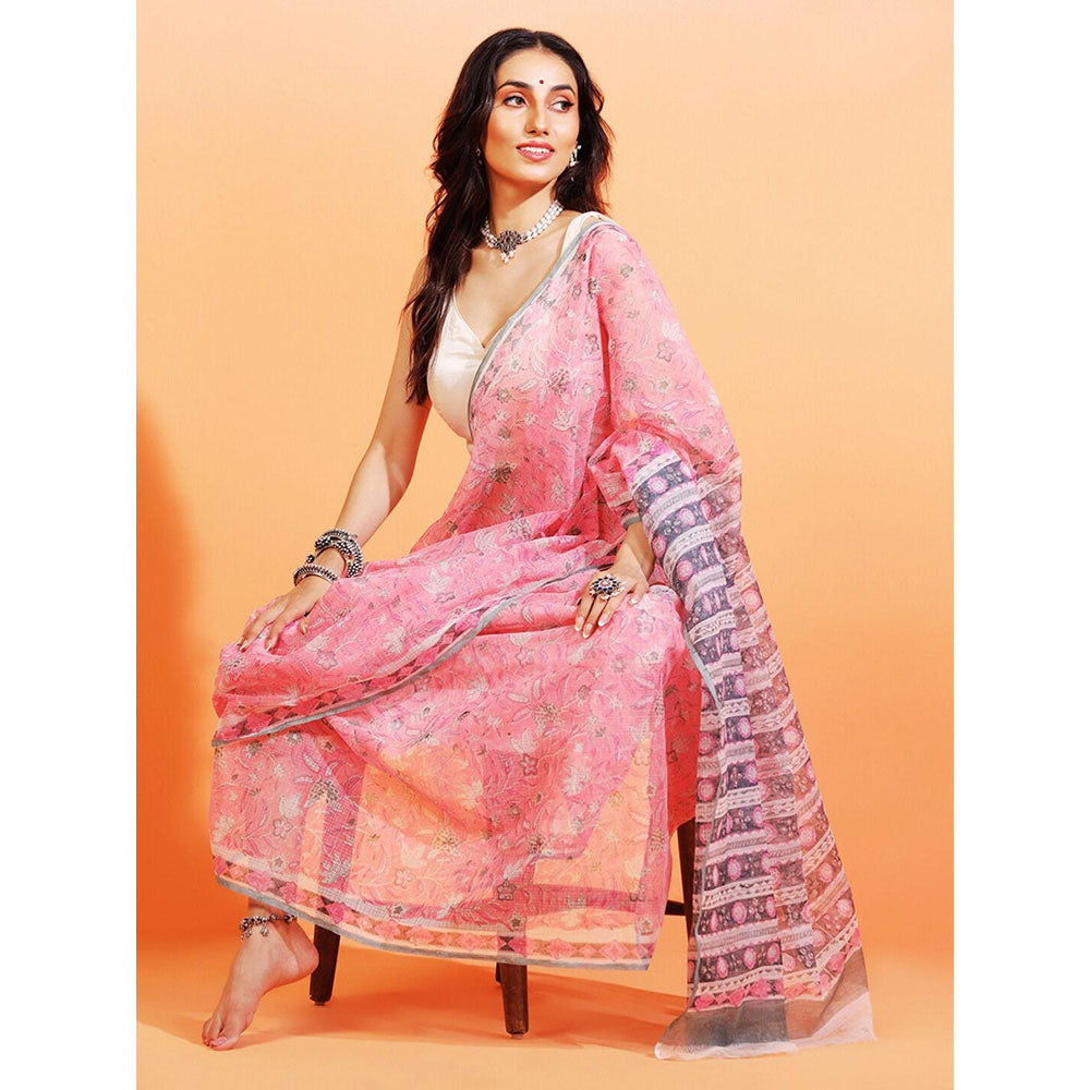 Aditri Handloom Kota Doria Hand Block Print Pink Saree With Blouse Piece