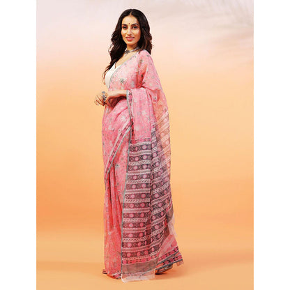 Aditri Handloom Kota Doria Hand Block Print Pink Saree With Blouse Piece